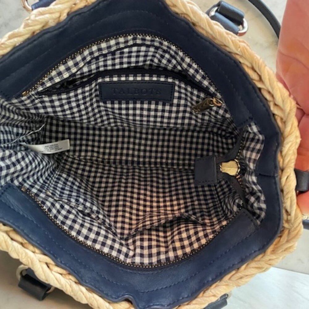 TALBOTS Straw Crossbody Bag Natural with Navy Leather Handles/Strap - Picture 7 of 16